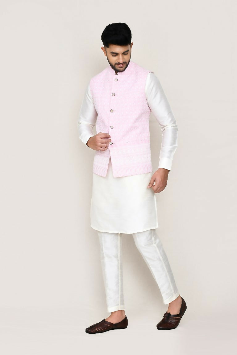 White art silk kurta set with matching jacket and straight-fit trousers for men