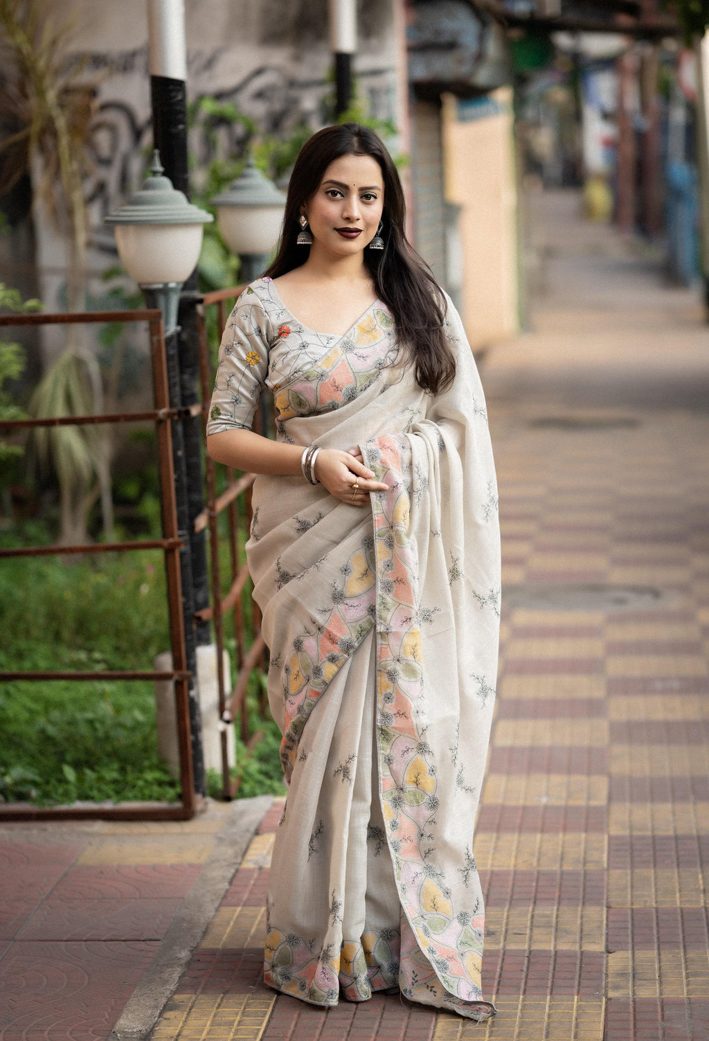 Grey Pure Linen Saree with Ethnic Motifs and Phantom Silk Blouse