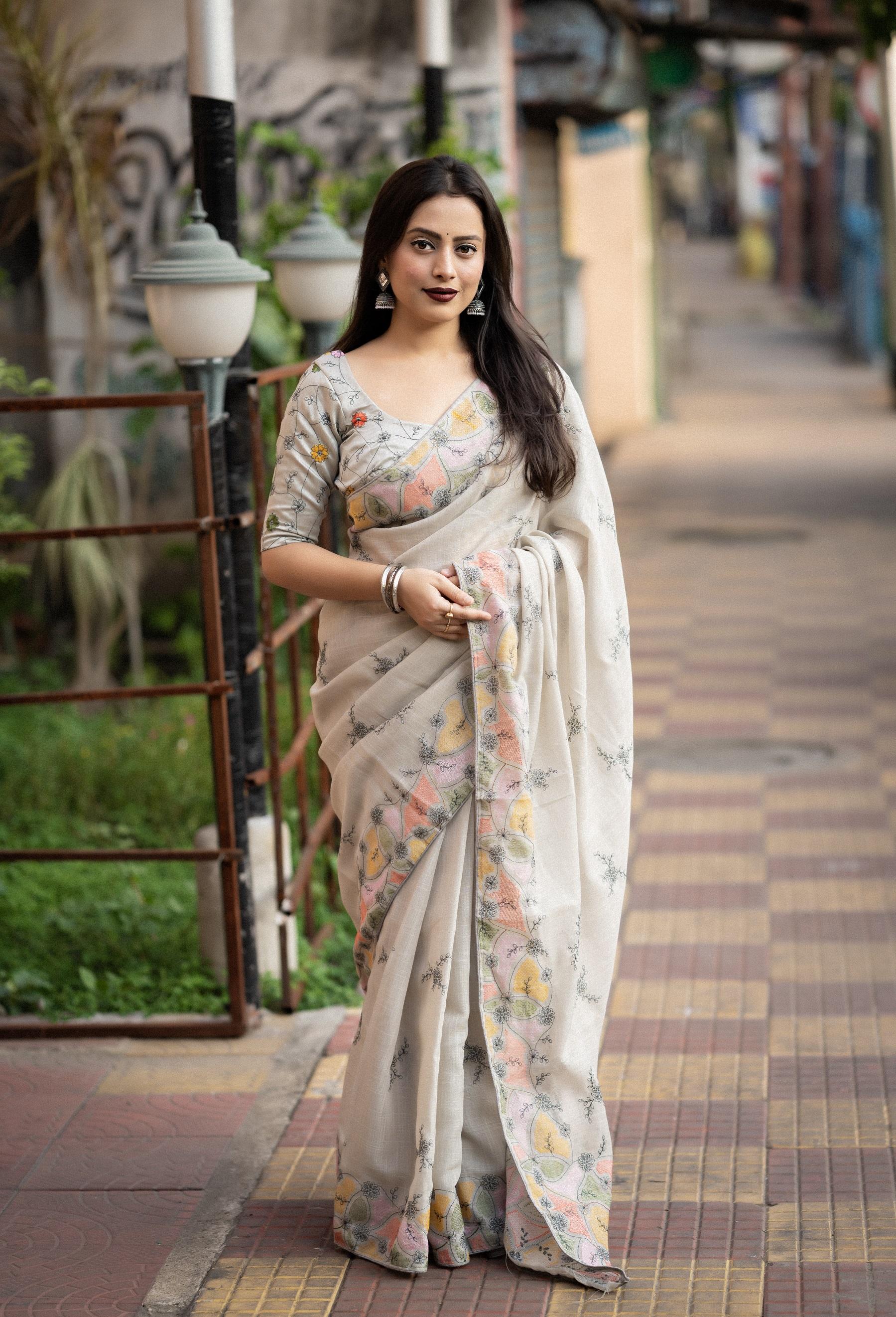 Grey Pure Linen Saree with Ethnic Motifs and Phantom Silk Blouse