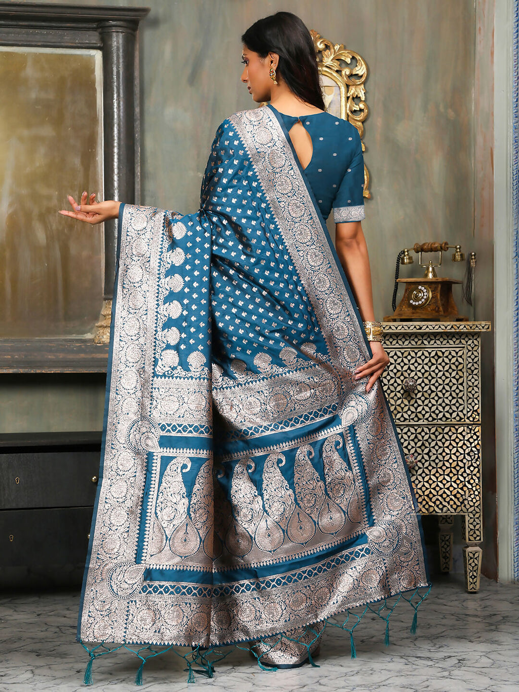 Royal Blue Banarasi Silk Saree with Matching Blouse Piece