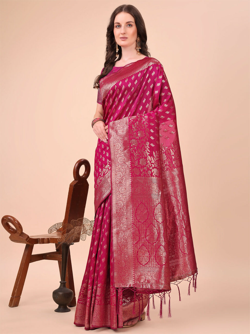 Magenta Lichi Silk Saree with Matching Blouse
