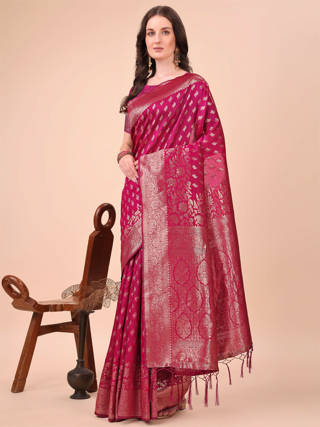 Magenta Lichi Silk Saree with Matching Blouse