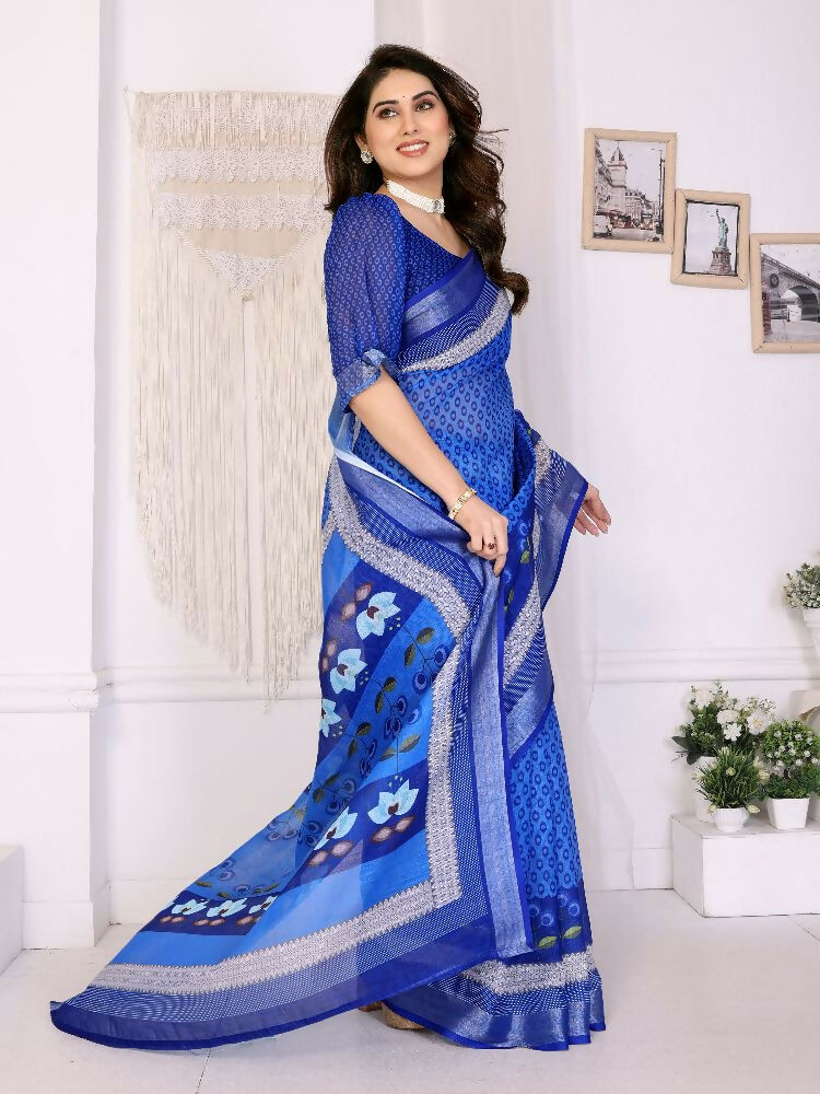 Blue Handloom Linen Cotton Zari Saree with Matching Blouse