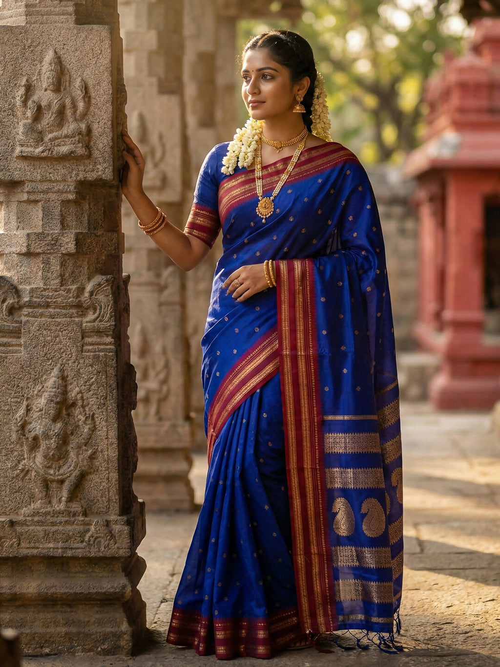 Beautiful blue soft silk saree with a matching blouse, showcasing a elegant drape and smooth fabric texture.