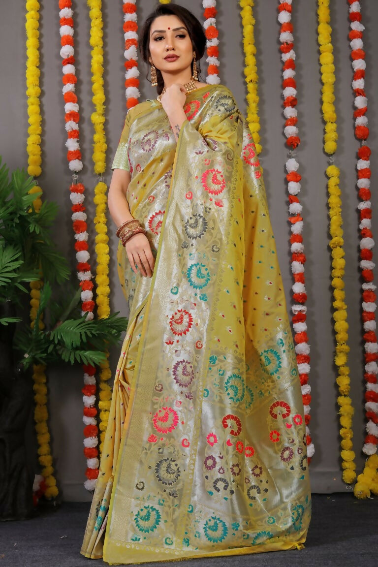 Mehndi Banarasi Silk Zari Woven Saree with Unstitched Blouse