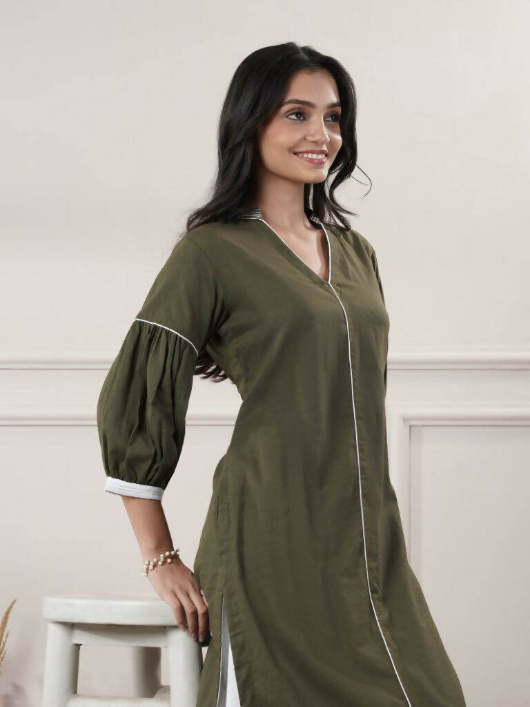 Women's Khaki V-Neck Calf-Length Casual Dress
