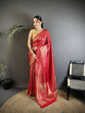 Red Banarasi soft satin silk saree featuring paisley and floral patterns with matching blouse fabric