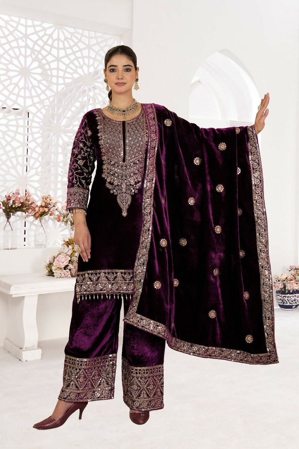 Joban Fashion Wine Velvet Sequence Embroidery Work Kurta Set