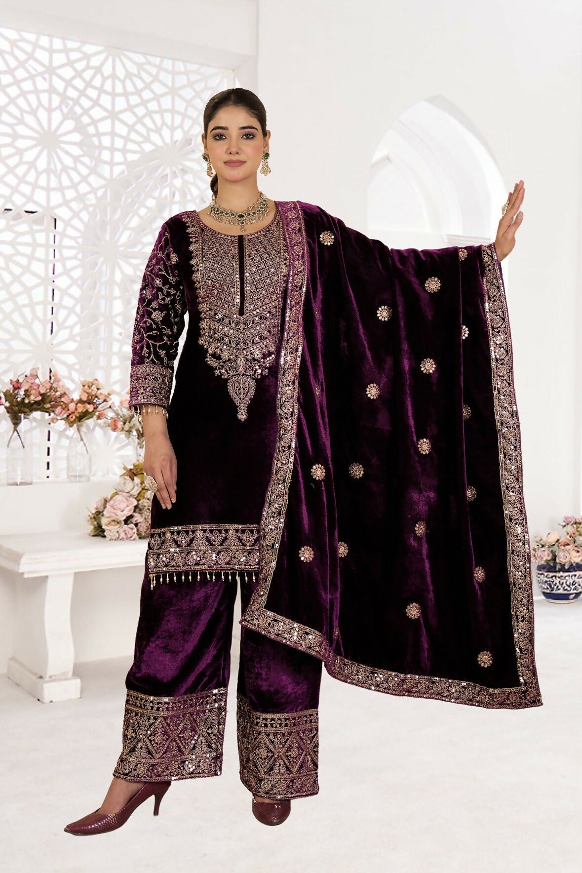 Joban Fashion Wine Velvet Sequence Embroidery Work Kurta Set