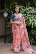 Brick pure linen saree with silver zari embroidery and unstitched phantom silk blouse