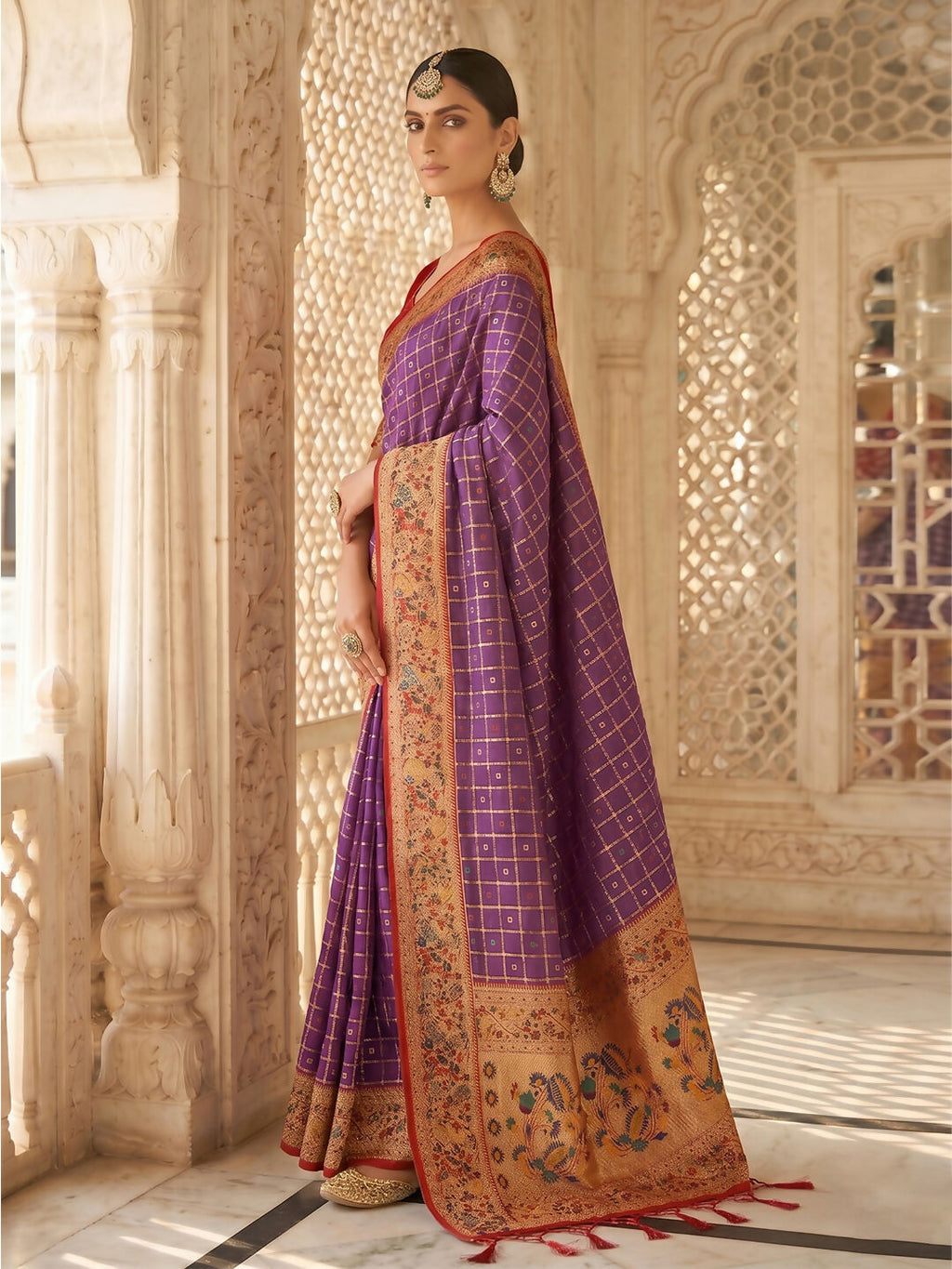 Purple Banarasi Silk Blend Saree with Intricate Weave