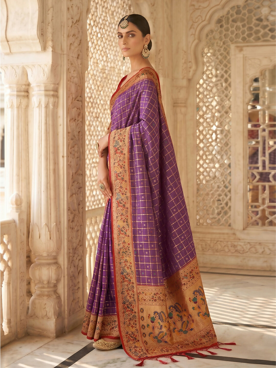 Purple Banarasi Silk Blend Saree with Intricate Weave