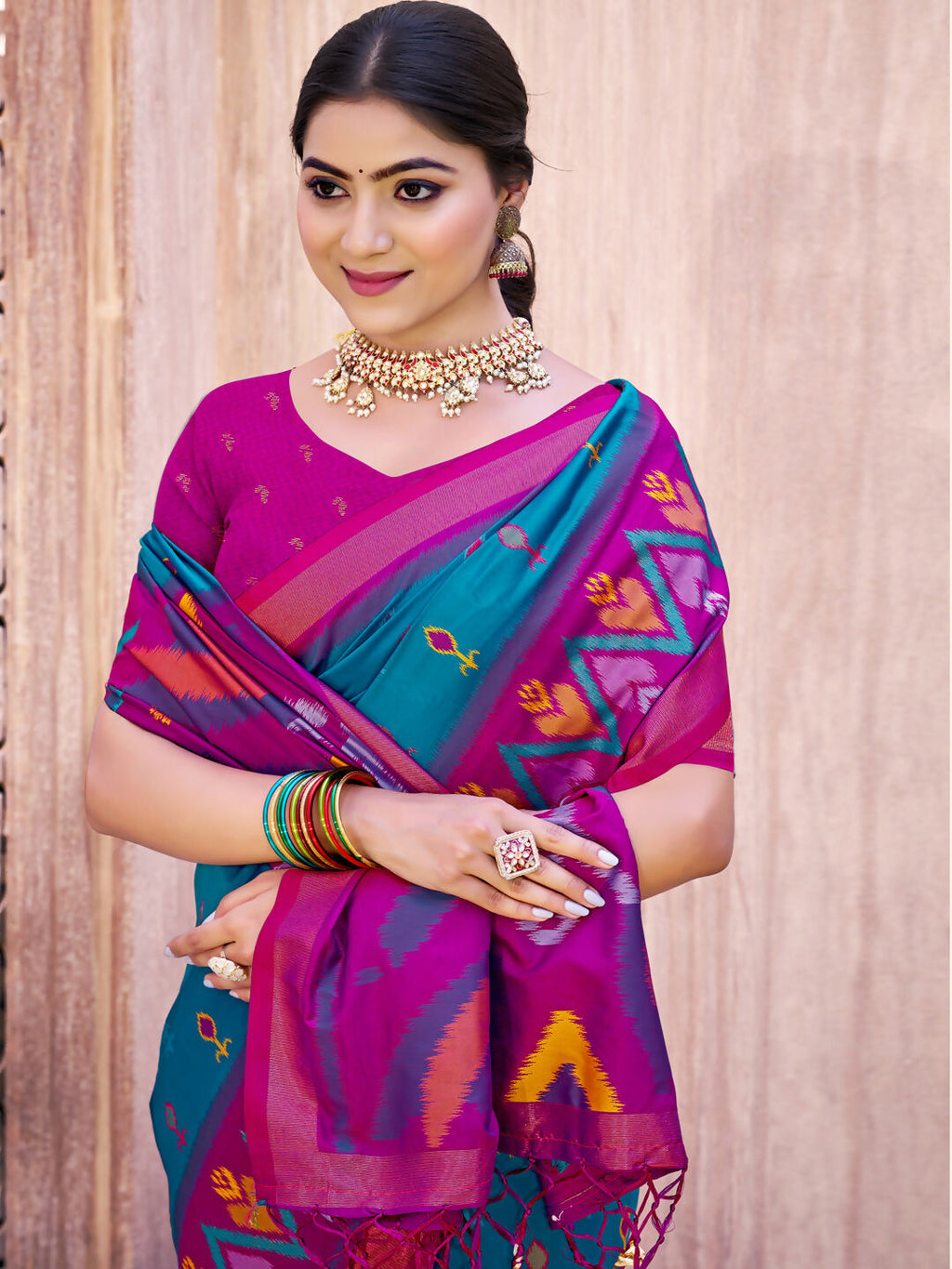 Sea Green Pochampally Silk Saree with Matching Blouse