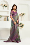 Multicoloured Ikkat and floral print linen ready-to-wear saree with dusty wine unstitched blouse