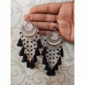 Black silk thread and mirror work half-moon Chandbali earrings