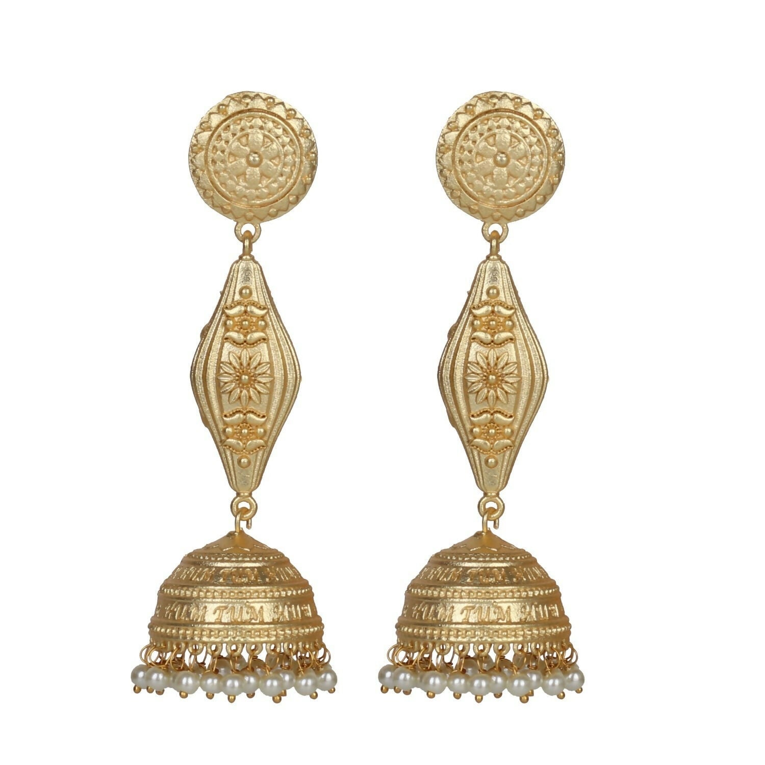 Matte Gold Brass Jhumka Earrings with Intricate Handcrafted Detail