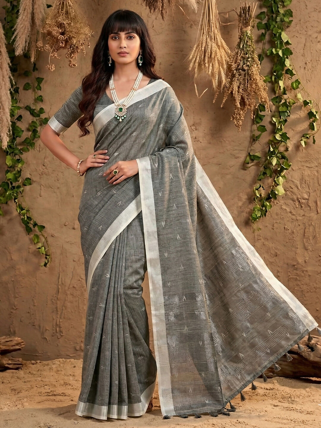 Neutral gray linen cotton saree featuring a smooth fabric texture