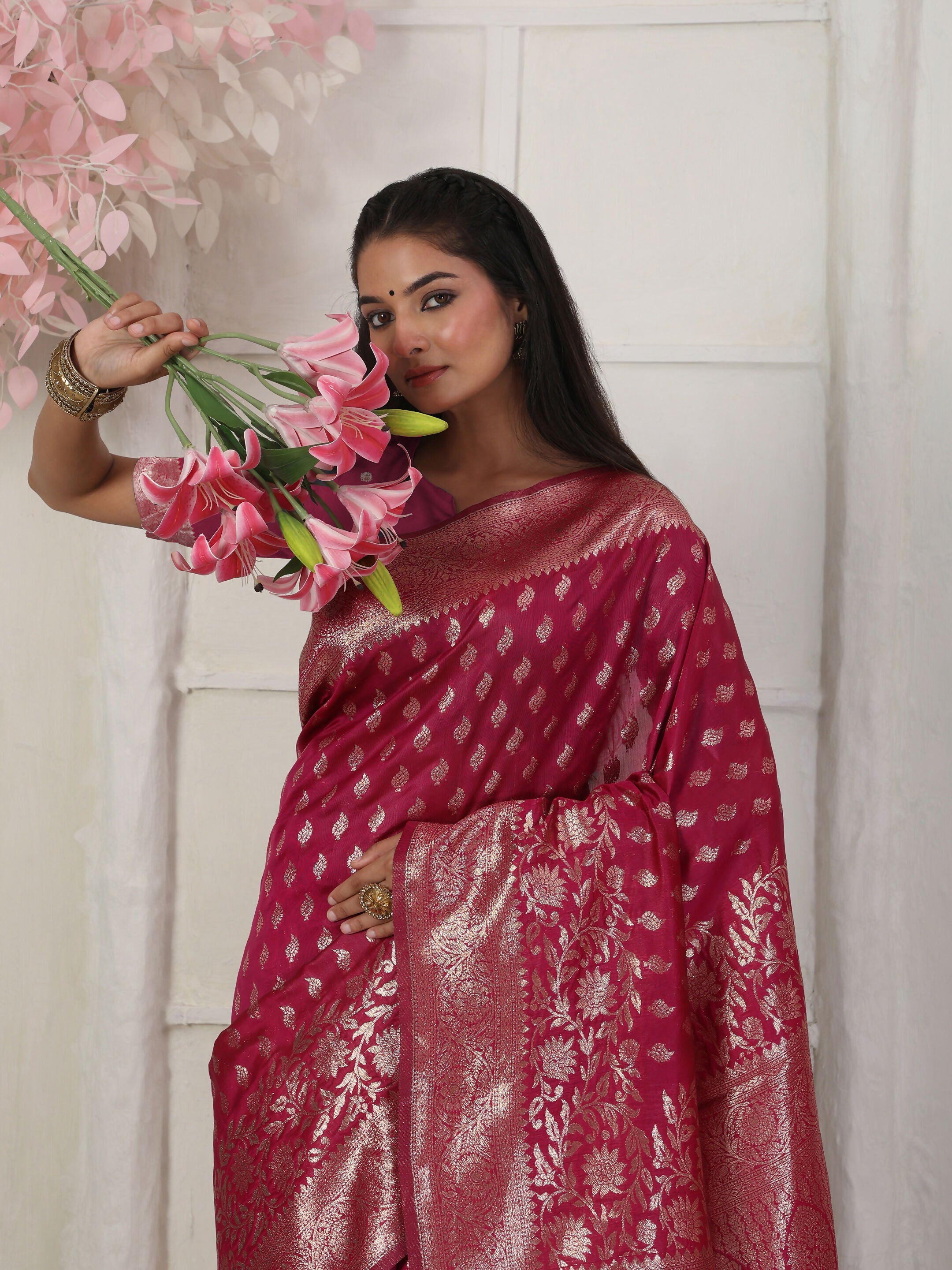 Lichi Silk Wine Saree with Matching Blouse Piece