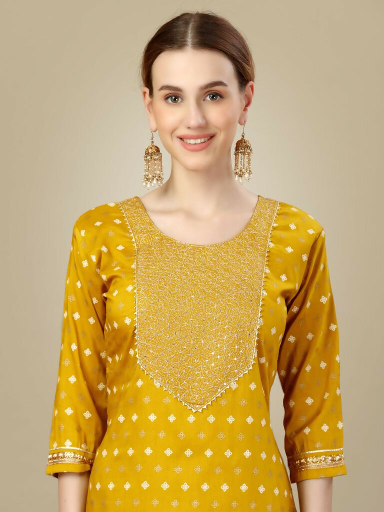 Golden Silk Blend Straight Kurta with Trouser and Dupatta Set