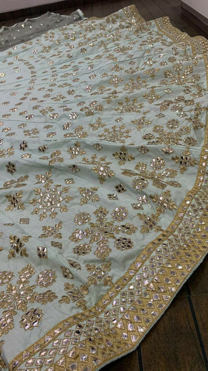 Sky Blue Mulberry Silk Paper Mirror and Zari Embroidered Lehenga