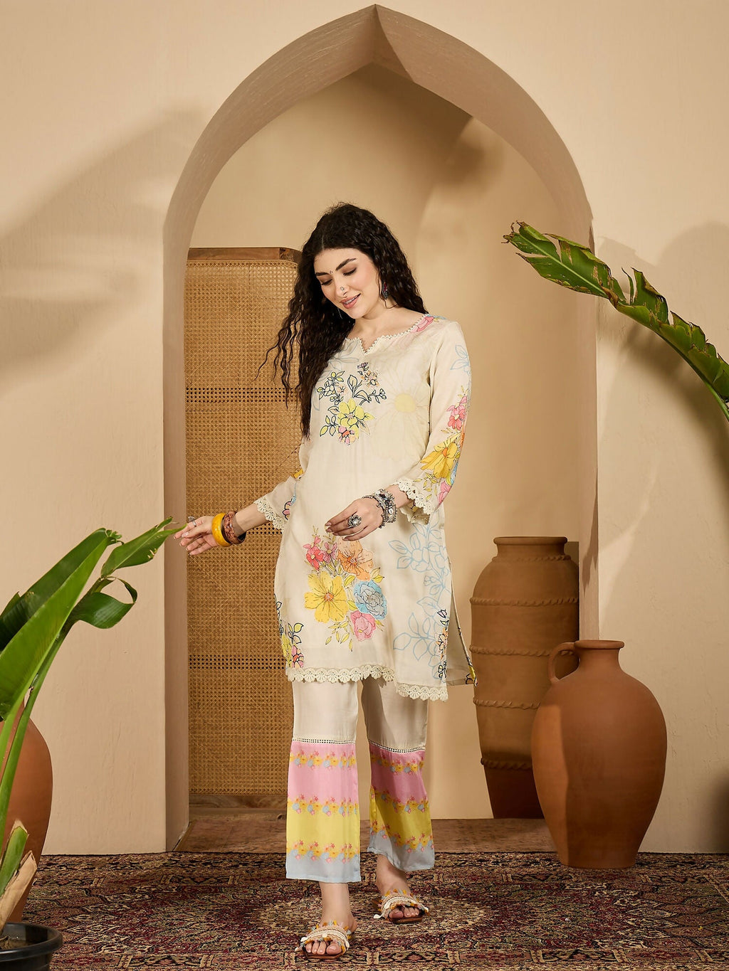 Cream Printed Pure Cotton Cord Set - Elegant Co-ord Set