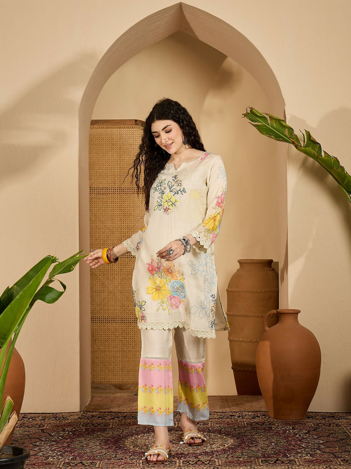 Cream Printed Pure Cotton Cord Set - Elegant Co-ord Set