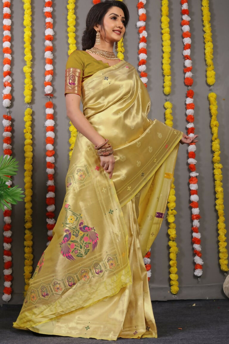 Mehendi Paithani Silk Saree with Gold Zari Woven Detail