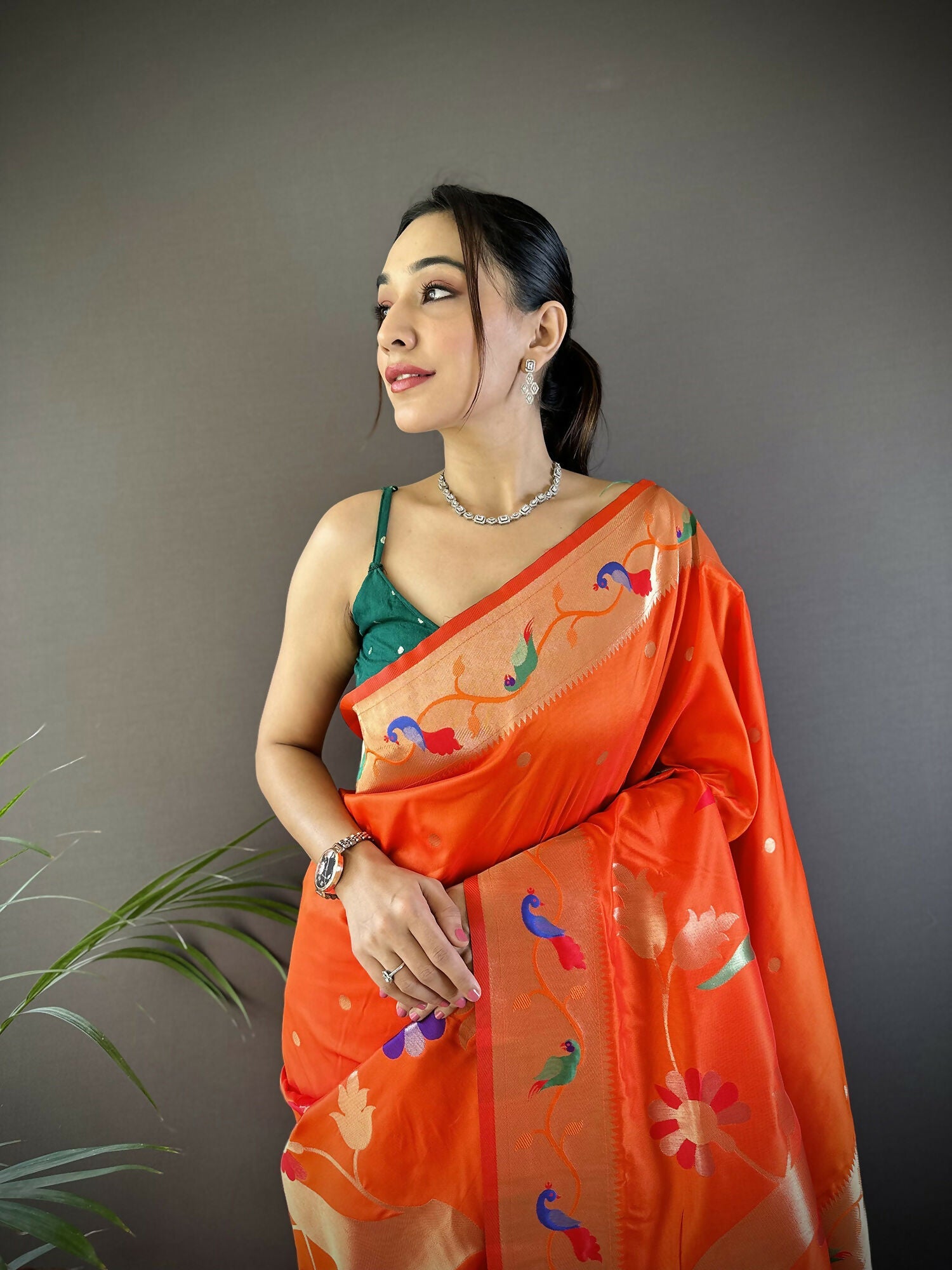 Orange Zari Woven Floral Soft Silk Paithani Saree with Blouse