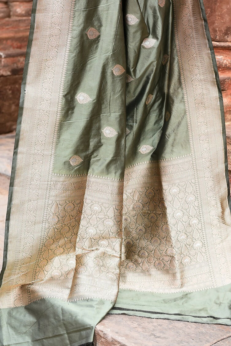 Dusty Olive Banarasi Katan Pure Handloom Silk Saree