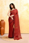 Maroon cotton blend handloom saree with gold zari check pattern and embellishments