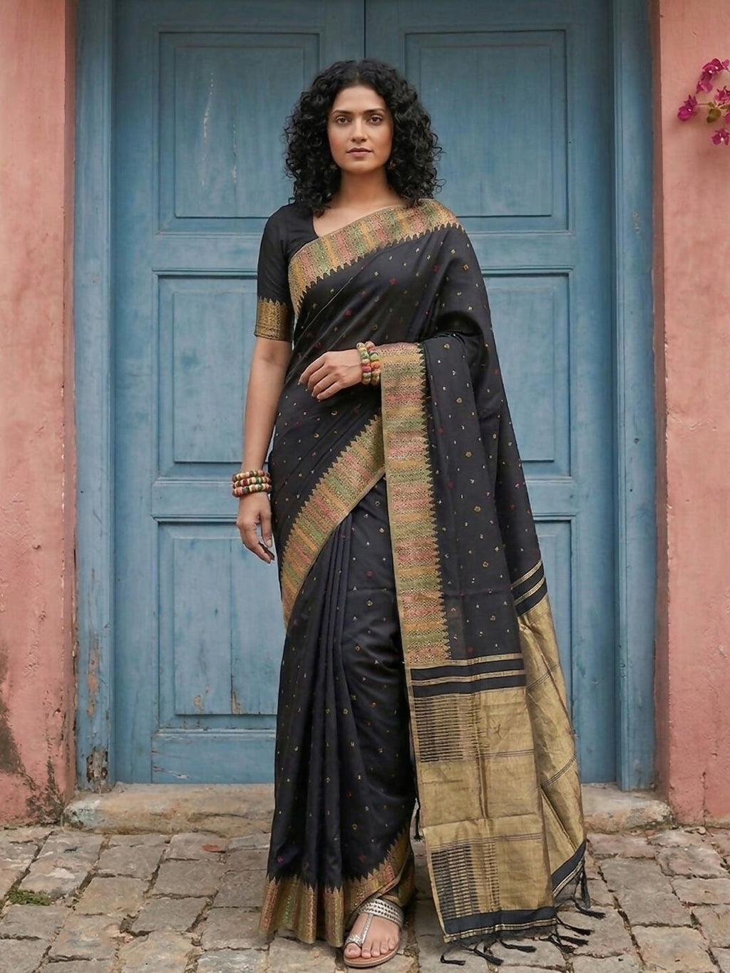 Elegant black silk blend saree with matching blouse fabric