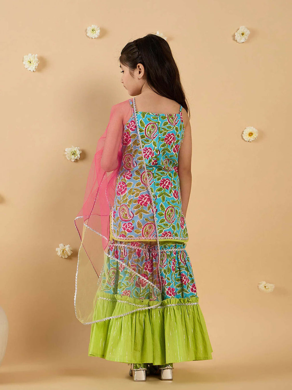 Girl's Multi Color Floral Sharara Set with Pink Dupatta
