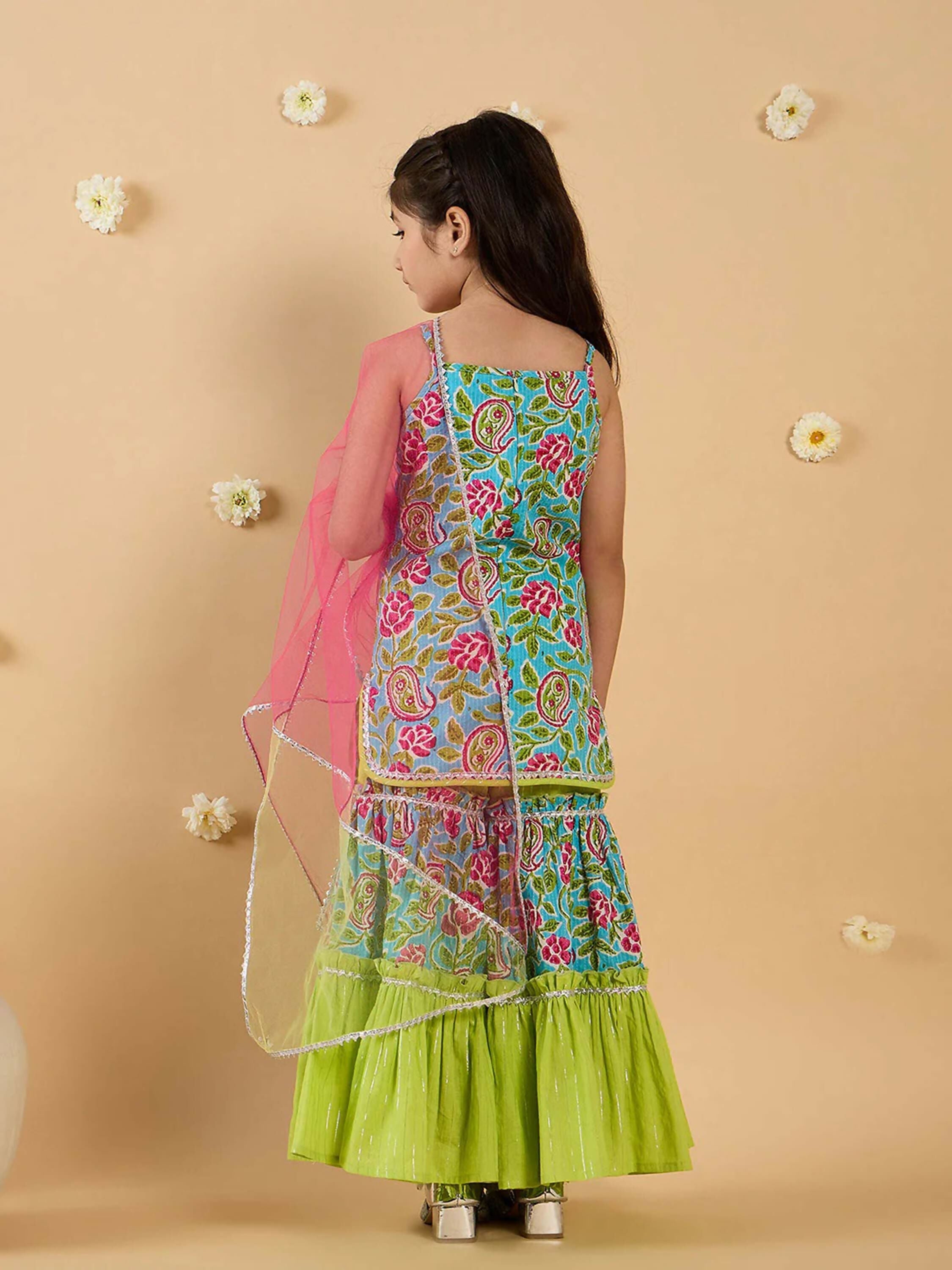 Girl's Multi Color Floral Sharara Set with Pink Dupatta