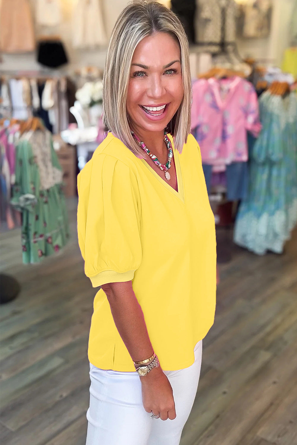 Bonbon Solid Color V Neck Short Puff Sleeve Blouse