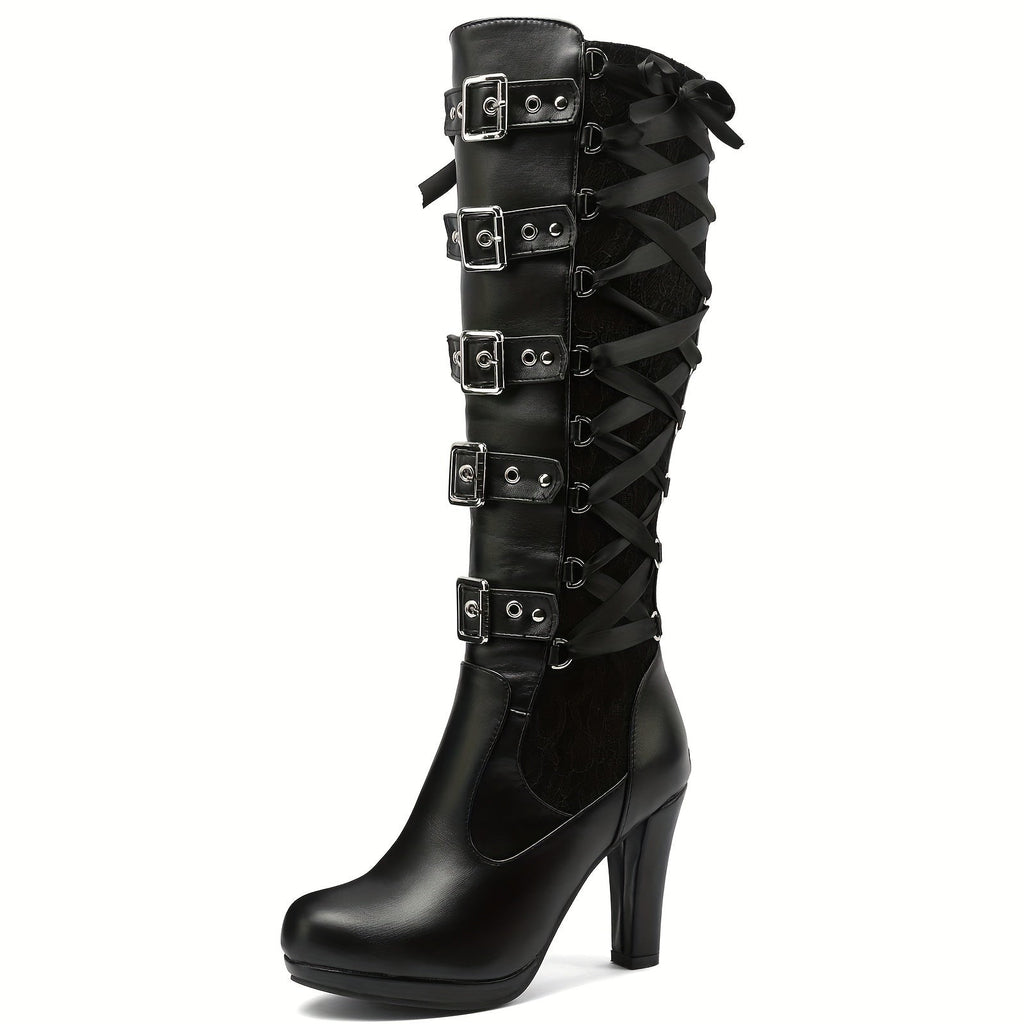Platform Punk Tall Goth Buckled KneeHigh Boots