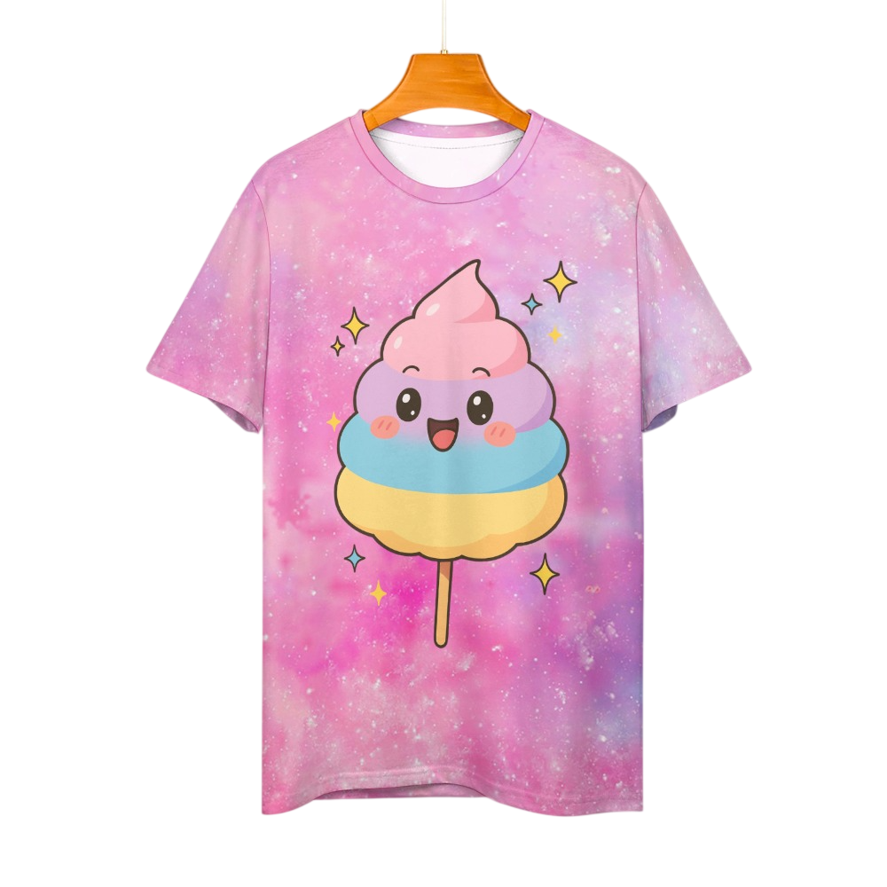 Women's pink galaxy print t-shirt featuring a cute smiling cotton candy graphic