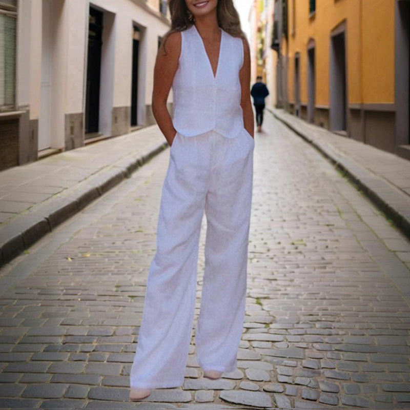 Women’s V-Neck Button-Front Vest and High-Waist Pants Set