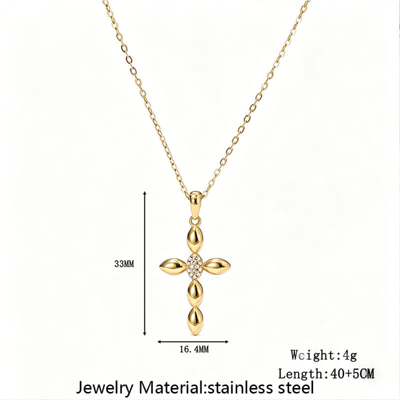 Rhinestone Cross Pendant Necklace in Gold and Silver Stainless Steel