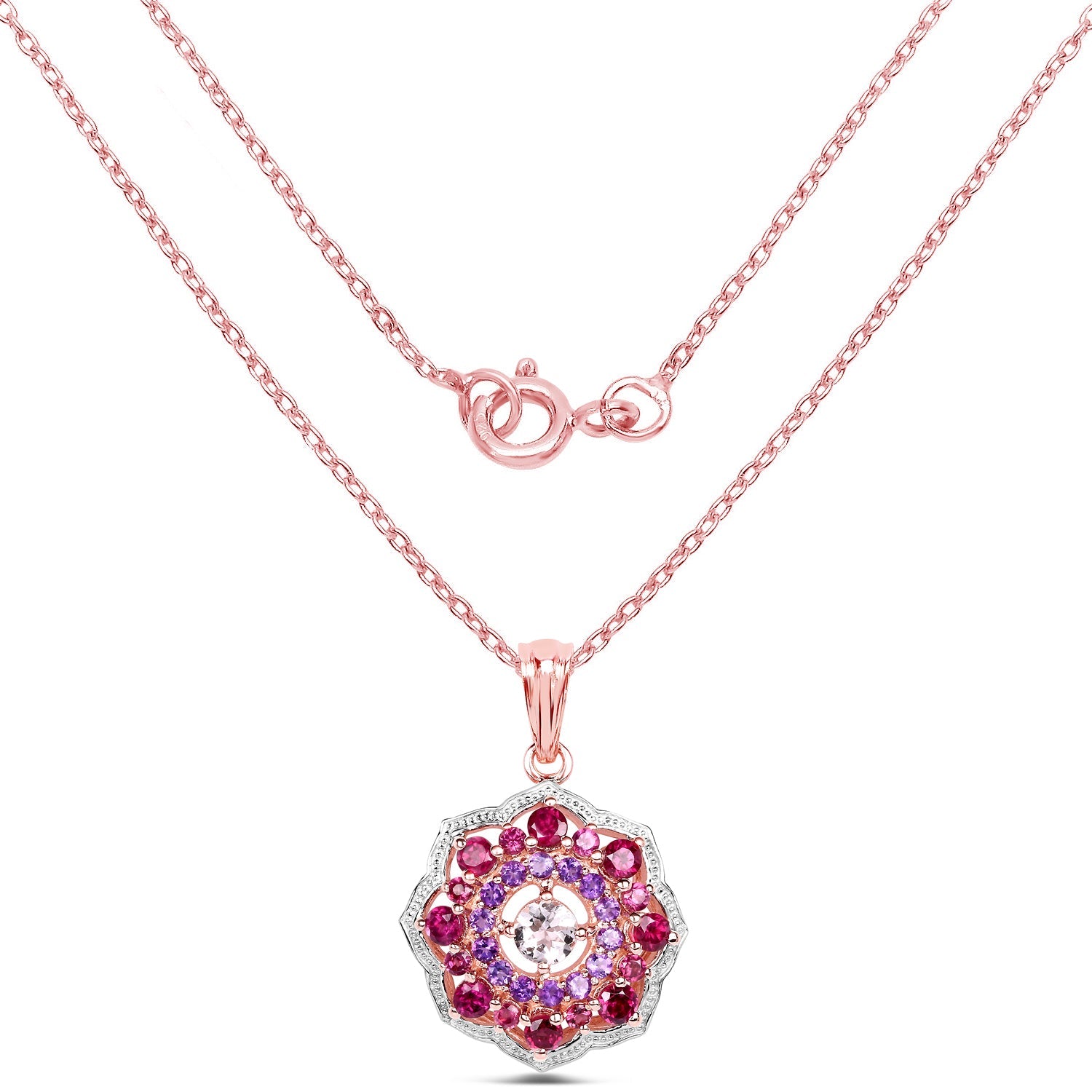 14K Rose Gold Plated 2.30 Carat Genuine Morganite, Rhodolite and Amethyst .925 Sterling Silver Pendant