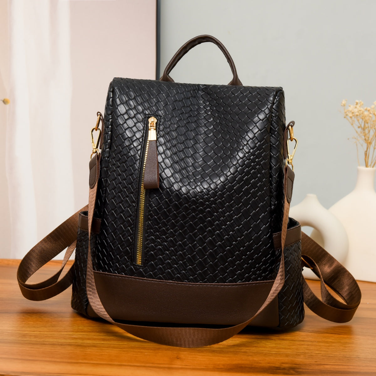 Woven Texture PU Leather Backpack Convertible Shoulder Bag
