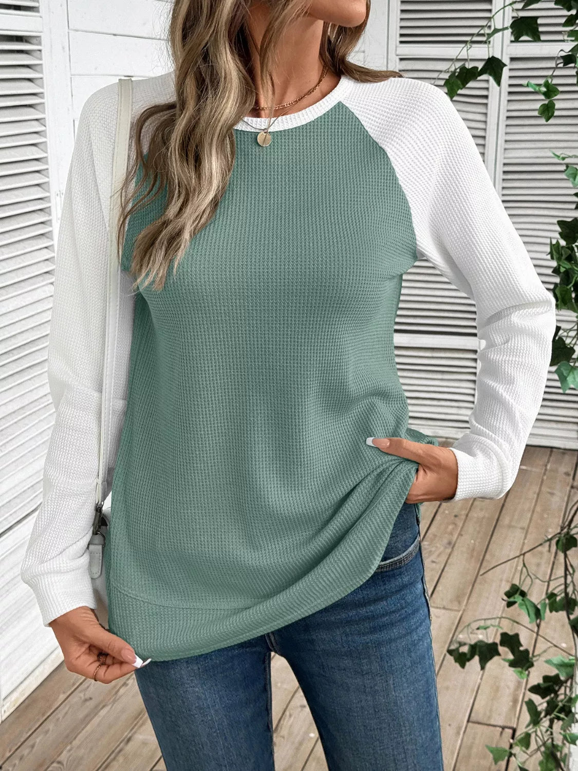 Waffle Knit Raglan Sleeve T-Shirt | Relaxed Fit Crew Neck