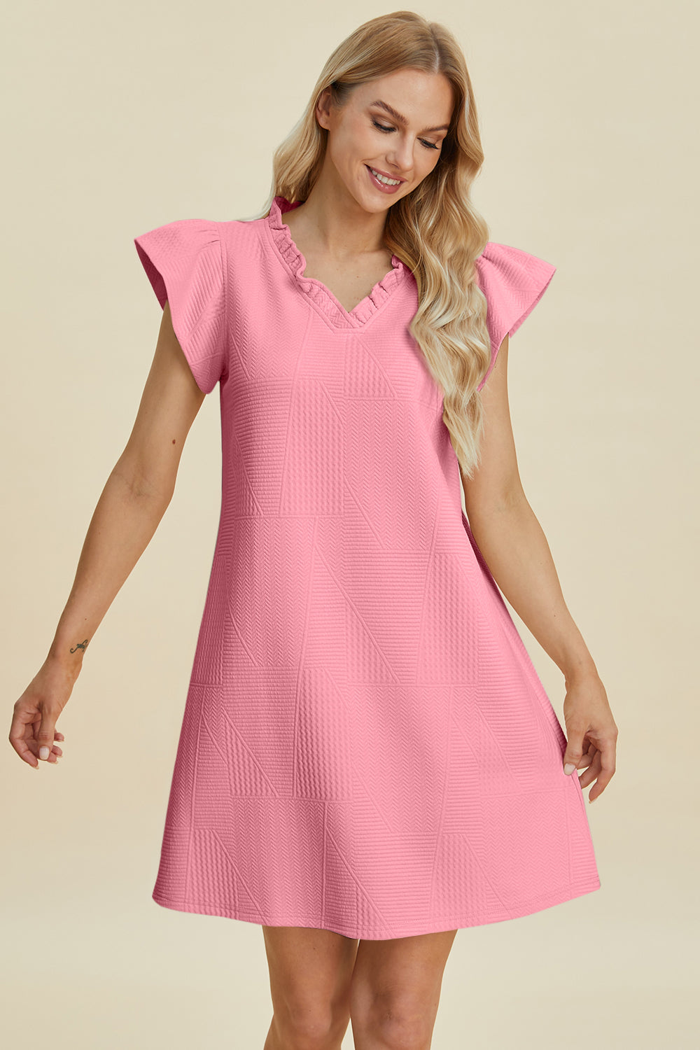 Ruffled V-Neck Cap Sleeve Dress in Elegant Style
