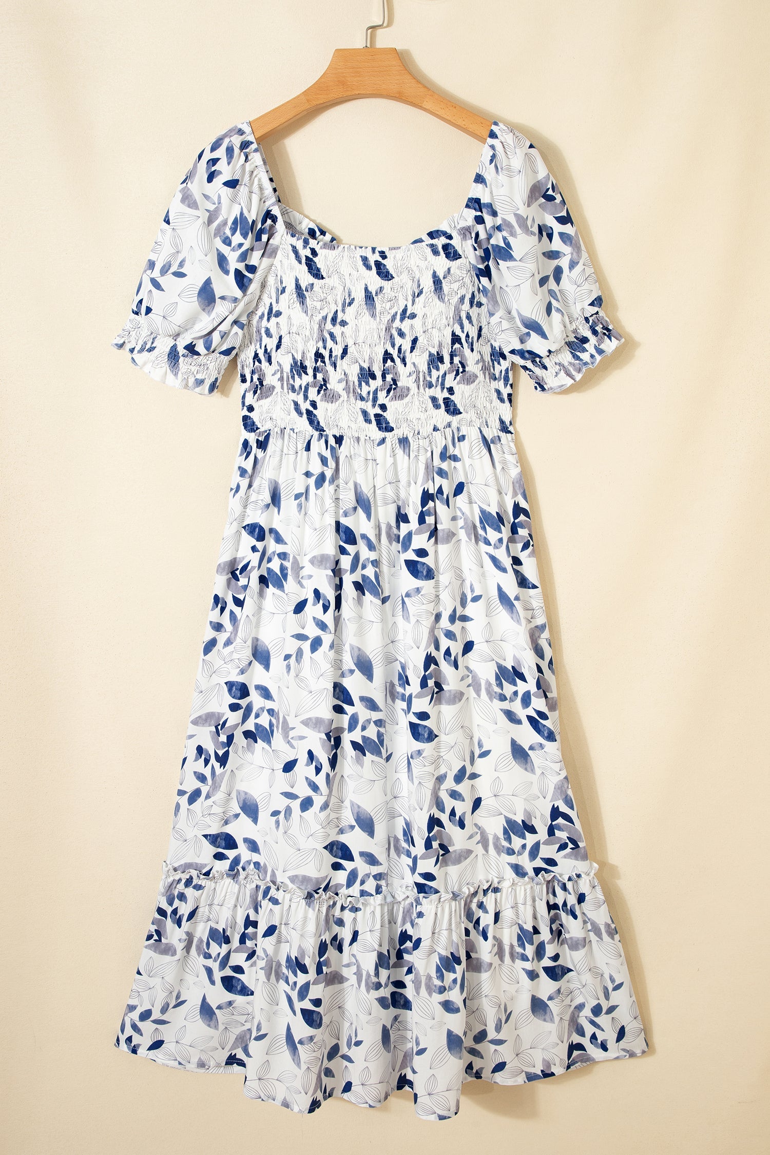 Sky Blue Smocked Bodice Puff Sleeve Floral Midi Dress