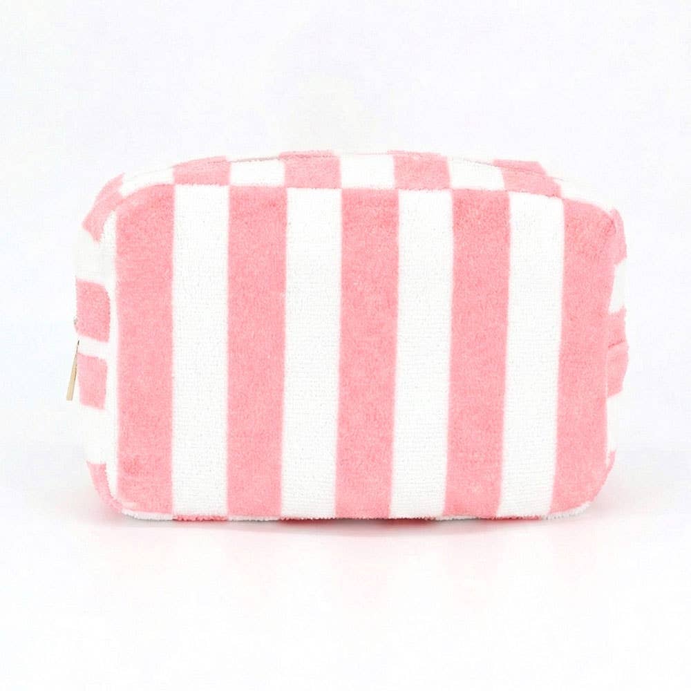 Pink striped terry cloth cosmetic pouch with zip closure and plush texture