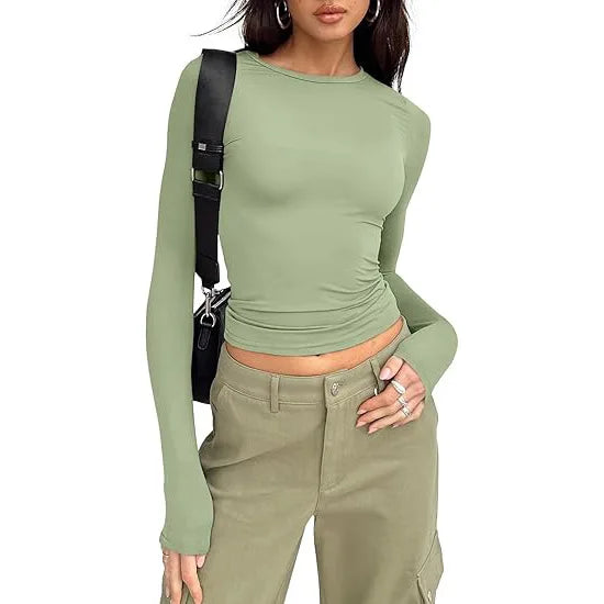 Women T-shirt Long Sleeve Crew Neck Solid Slim Fit Tee  Crop Top