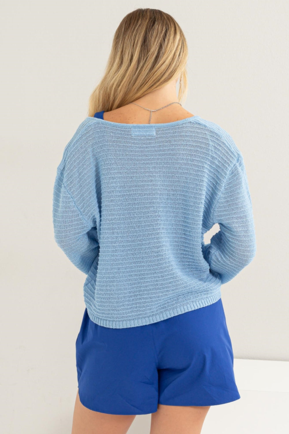 Long Sleeve Striped V-Neck Top with Texture