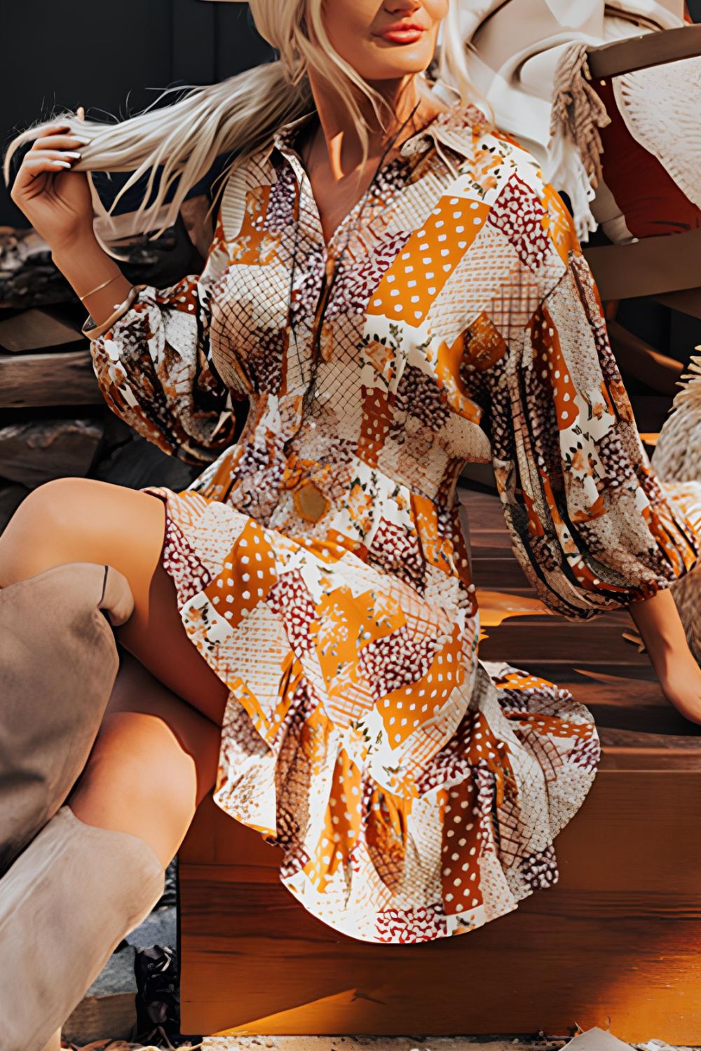 Vibrant and colorful mini shirt dress with button-down front