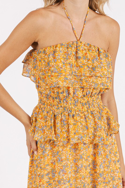 Floral Halter Neck Maxi Dress with Smocked Waist