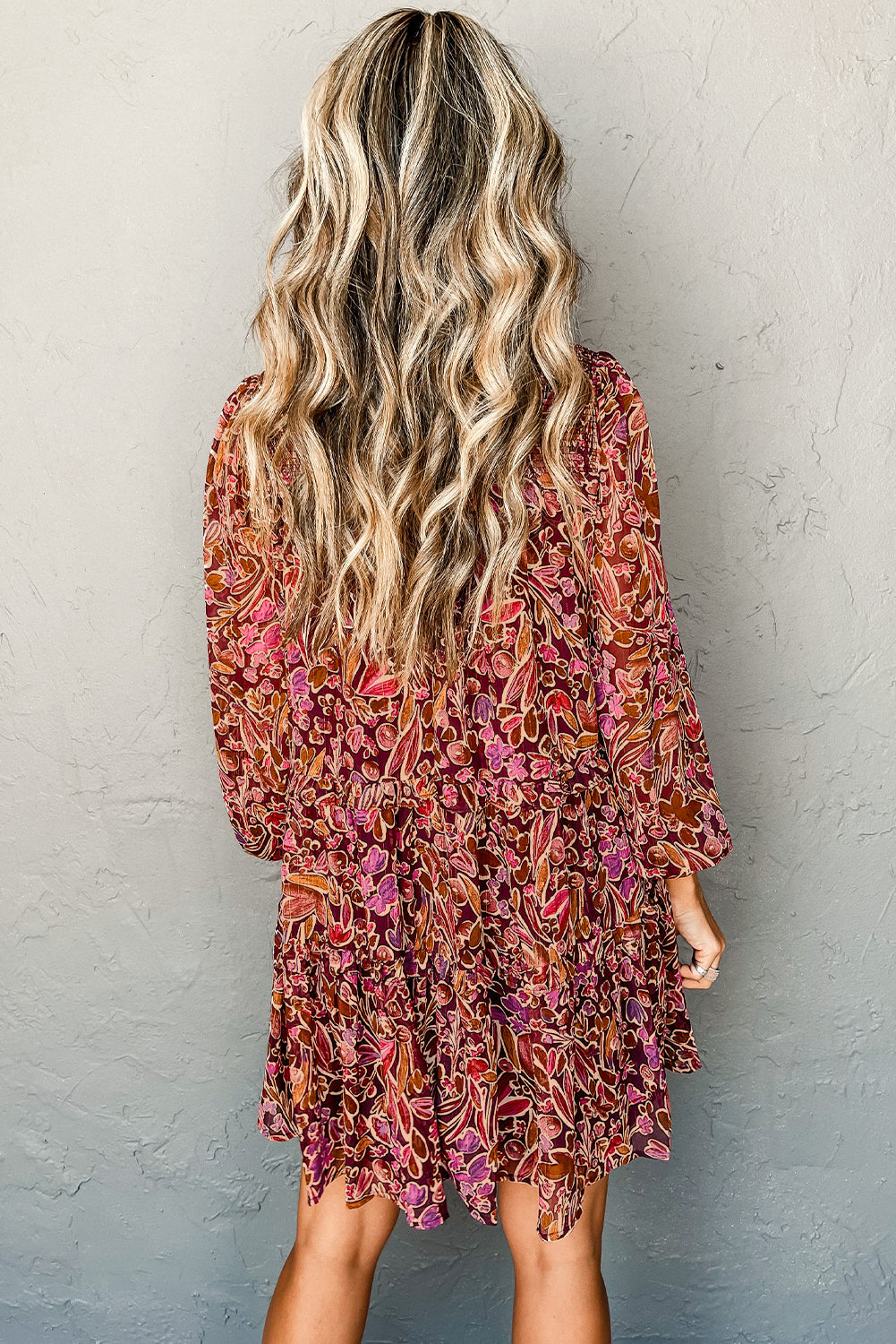 112 Red Floral Chiffon Long Sleeve Mini Dress - Shirred High Neck