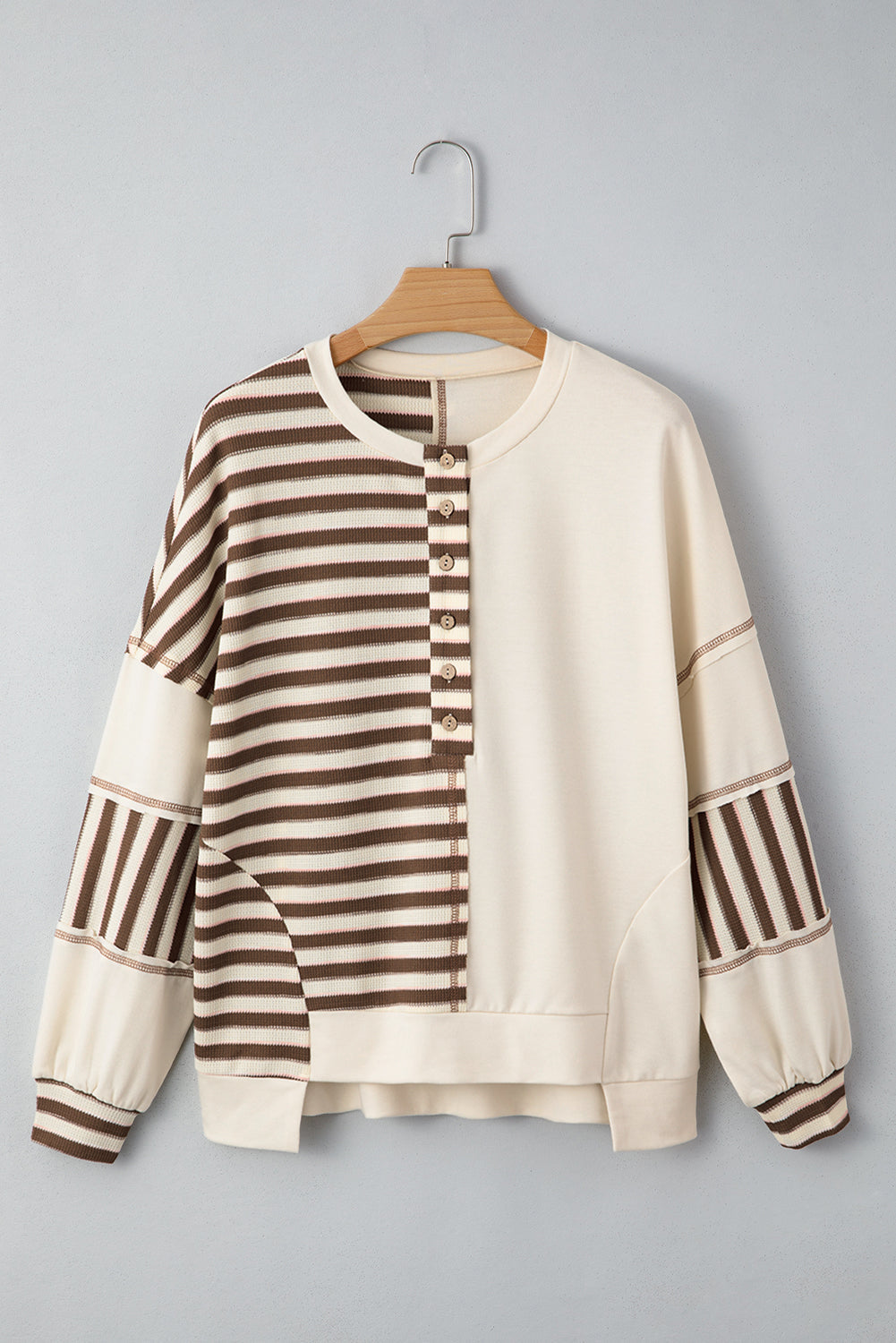 Khaki Stripe Stitched Detail Color Block Patchwork Oversized Pullover Top